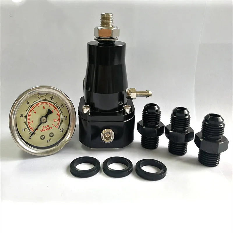 Black CNC aluminium fuel pressure regulator with adjustable 30-70psi range for universal vehicle applications