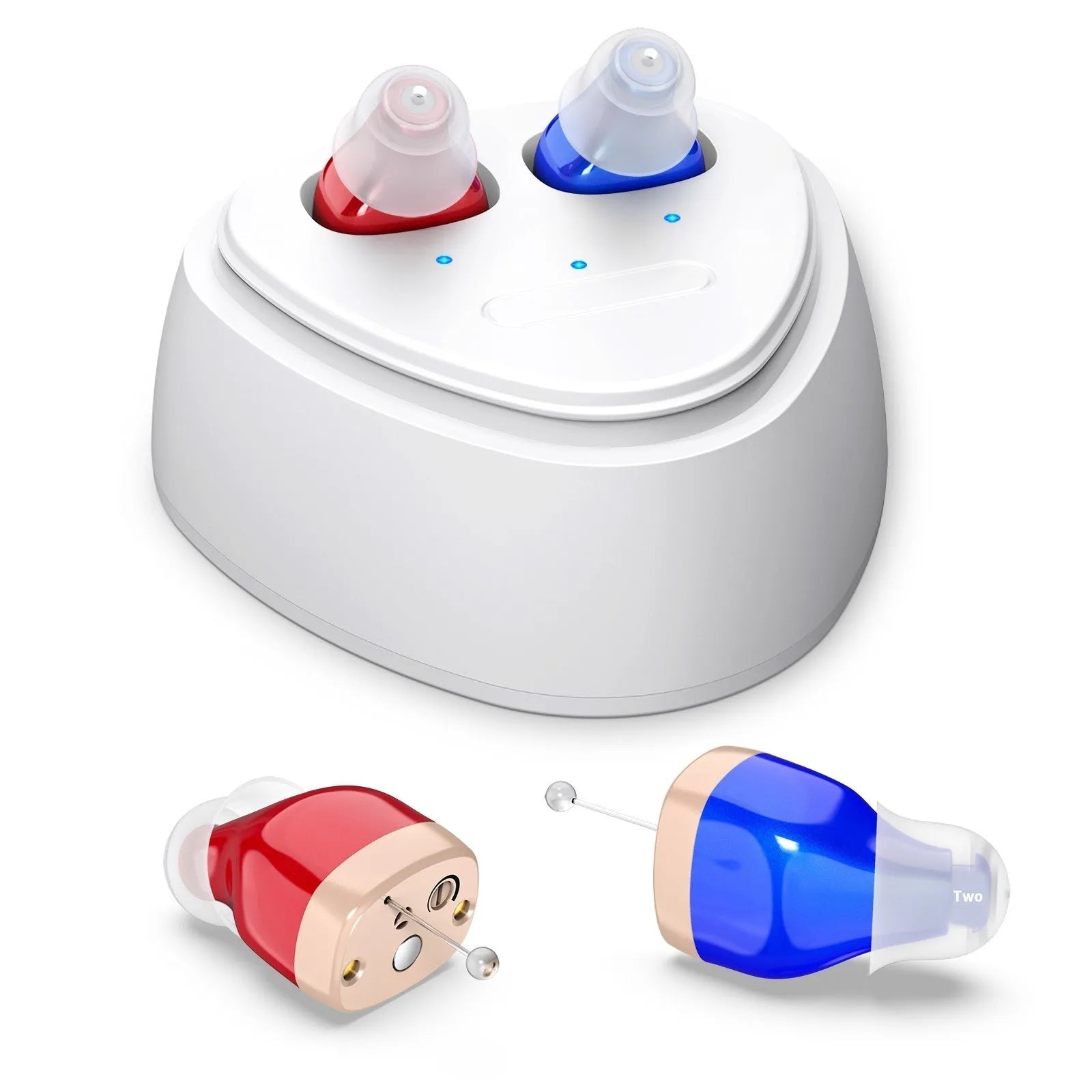 Rechargeable ultra-small in-ear hearing aid with USB charging, available in multiple colours