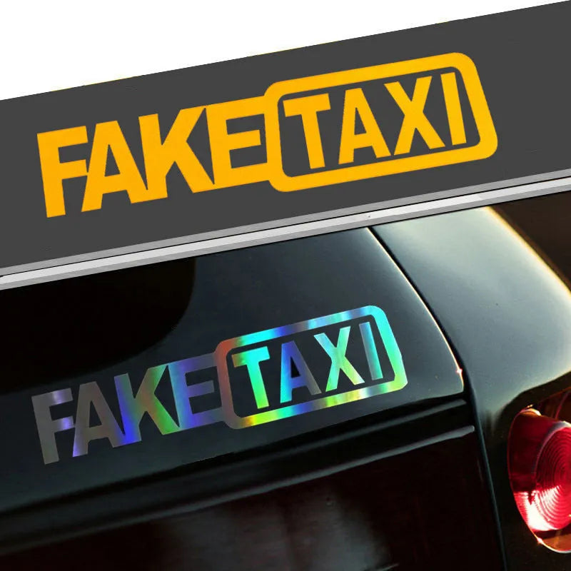 FAKE TAXI car warning sticker in black, white and yellow colours showing 20x8cm waterproof PET vinyl decal