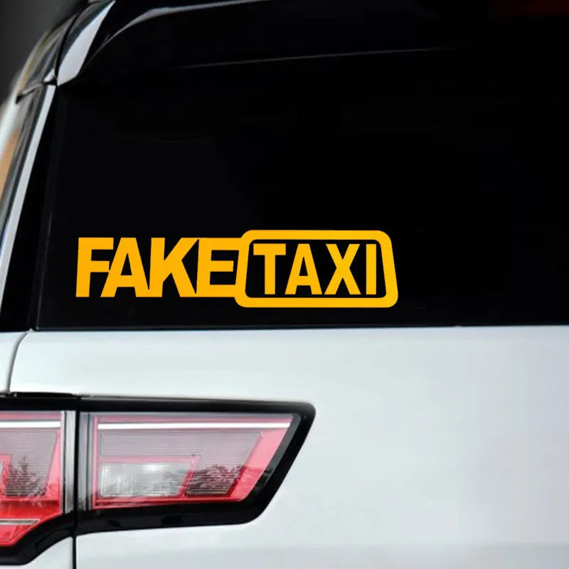 FAKE TAXI car warning sticker in black, white and yellow colours showing 20x8cm waterproof PET vinyl decal