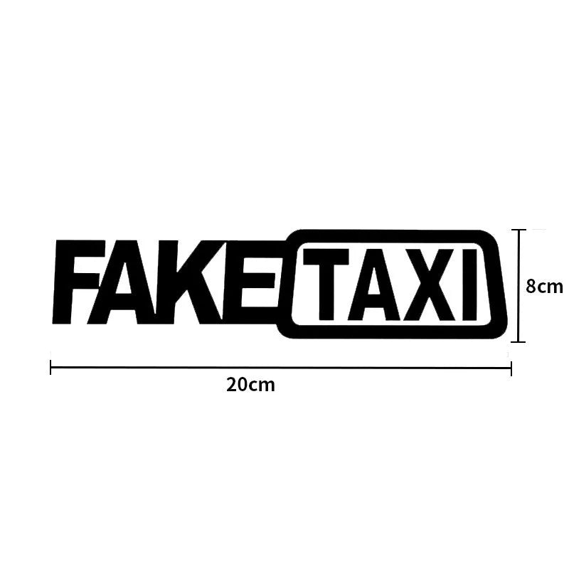 FAKE TAXI car warning sticker in black, white and yellow colours showing 20x8cm waterproof PET vinyl decal