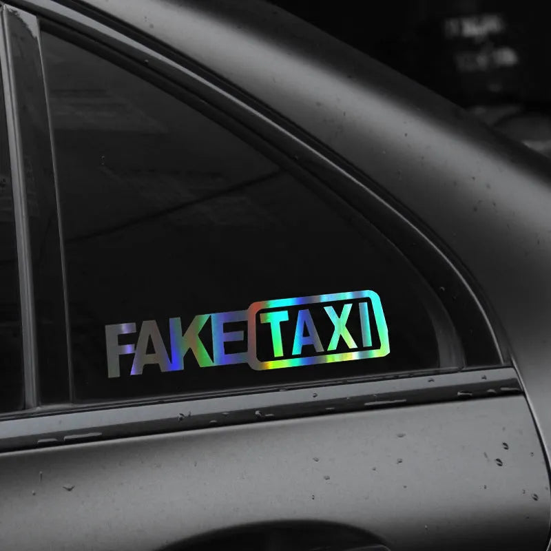 FAKE TAXI car warning sticker in black, white and yellow colours showing 20x8cm waterproof PET vinyl decal