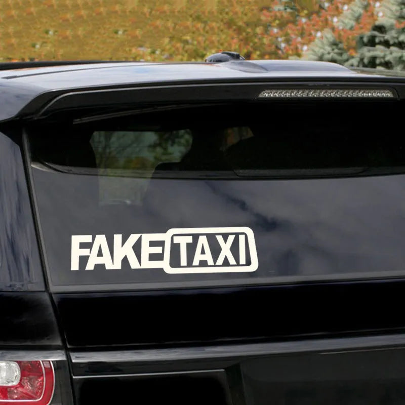 FAKE TAXI car warning sticker in black, white and yellow colours showing 20x8cm waterproof PET vinyl decal