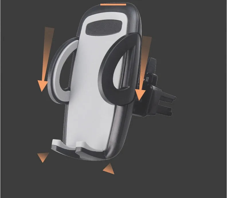 Black universal car mobile phone holder mounted on air conditioning vent