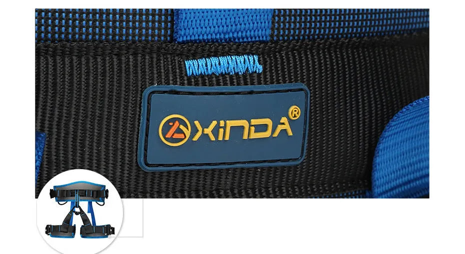 Outdoor climbing belt in orange with adjustable waist and leg rings made from polyester reinforced yarn