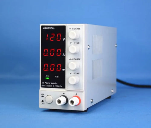 White adjustable DC power supply unit with digital display for electronics repair.