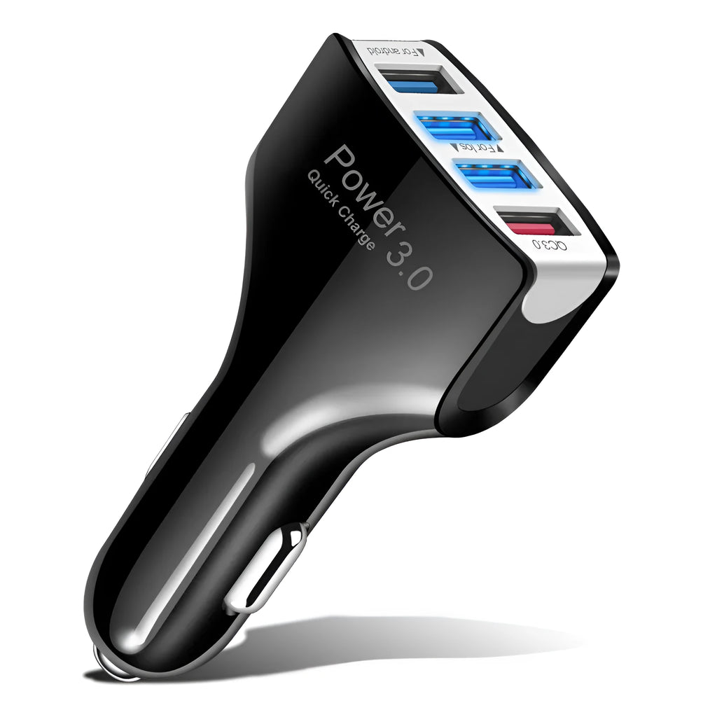 Car 4USB charger with PC fire-resistant material, black, showing four USB ports