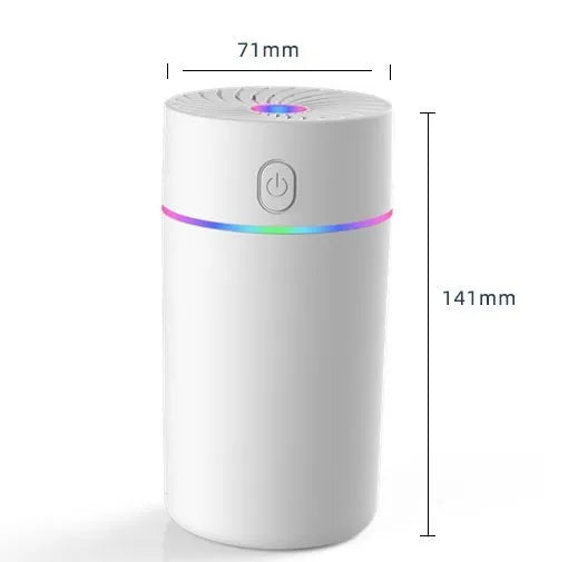 A compact white USB car humidifier for aromatherapy and air humidifying, shown with a power cable.