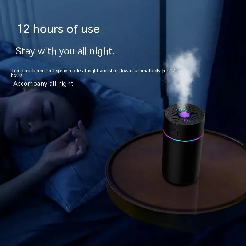 A compact white USB car humidifier for aromatherapy and air humidifying, shown with a power cable.