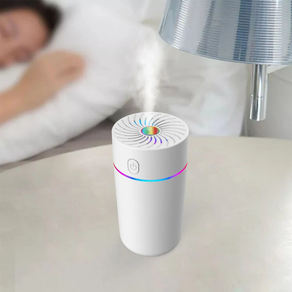 A compact white USB car humidifier for aromatherapy and air humidifying, shown with a power cable.