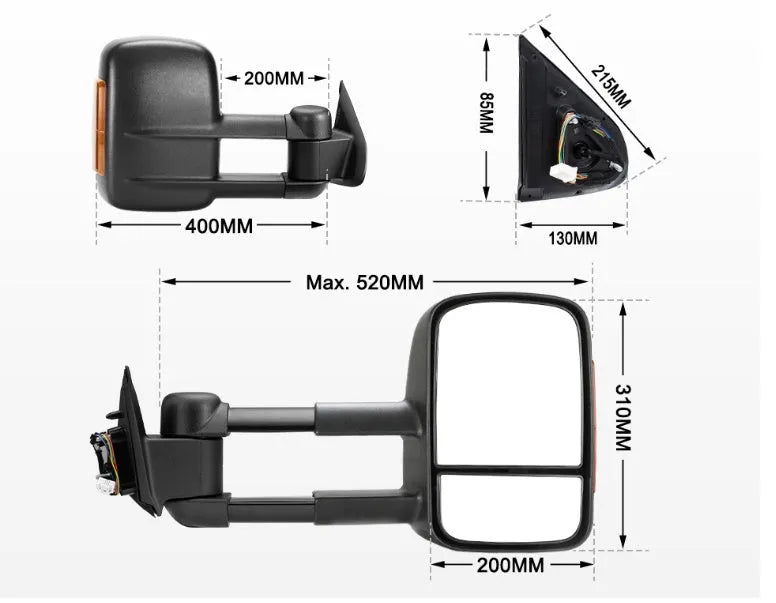 Black electric exterior rear view mirror with integrated light for Nissan NP300 D23 2015-on models