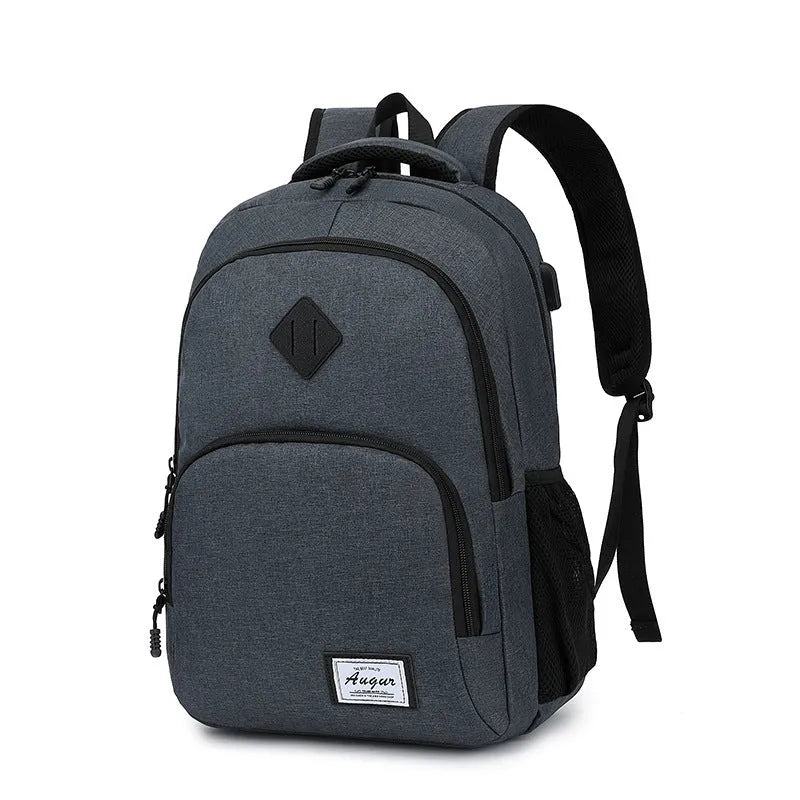 Black nylon backpack with USB charging port and trolley case straps