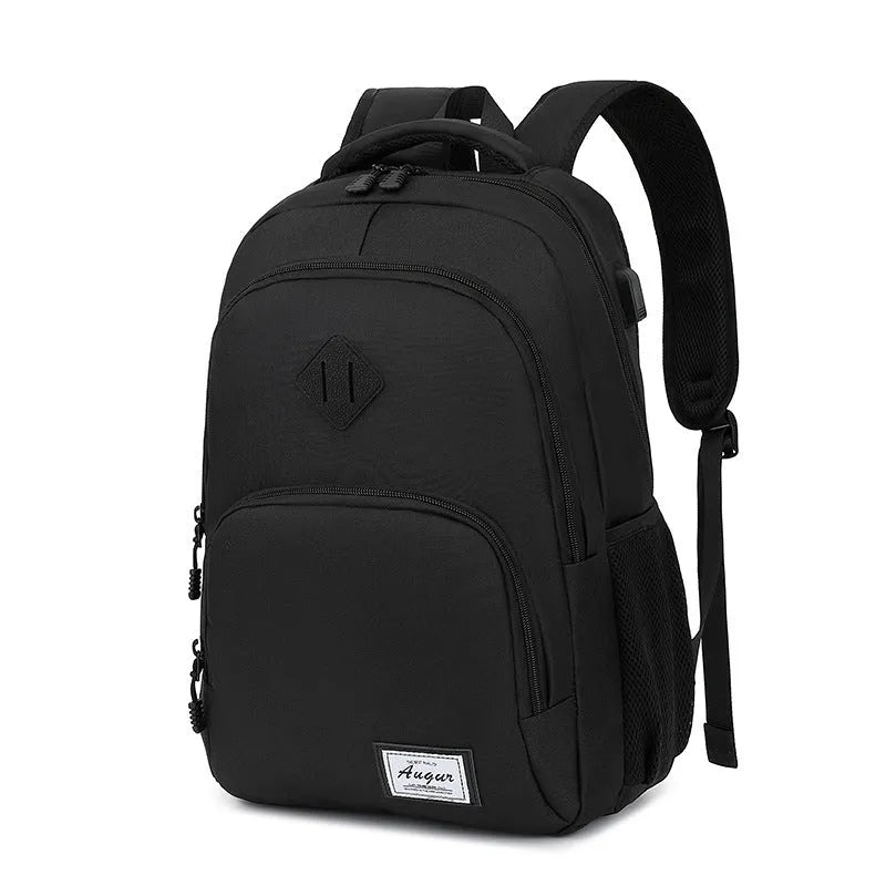 Black nylon backpack with USB charging port and trolley case straps
