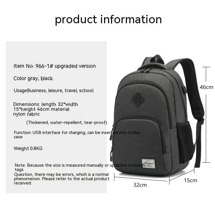 Black nylon backpack with USB charging port and trolley case straps
