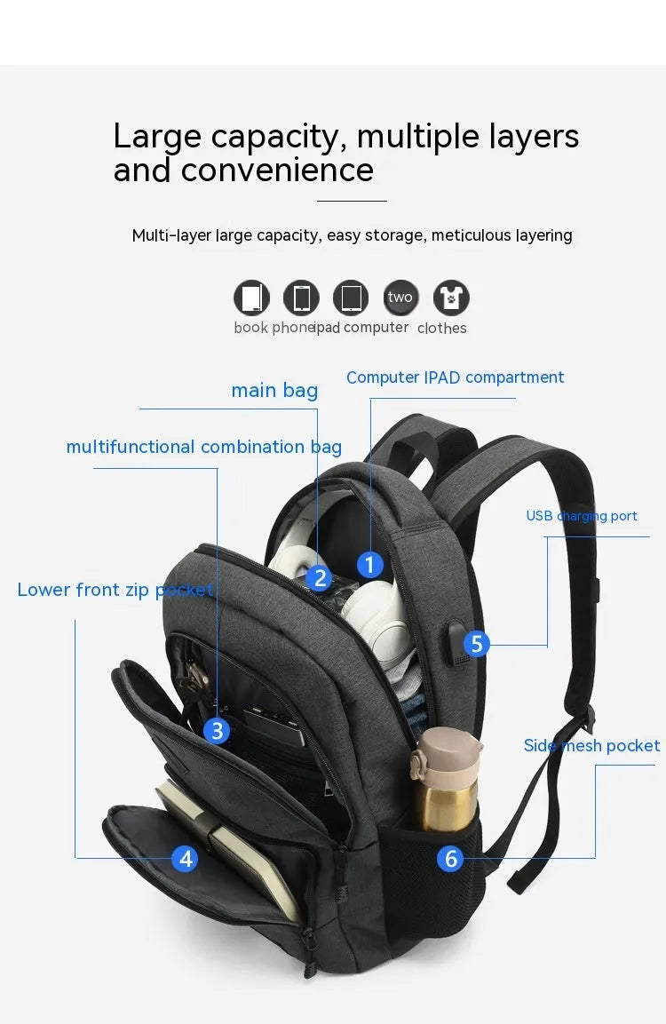 Black nylon backpack with USB charging port and trolley case straps
