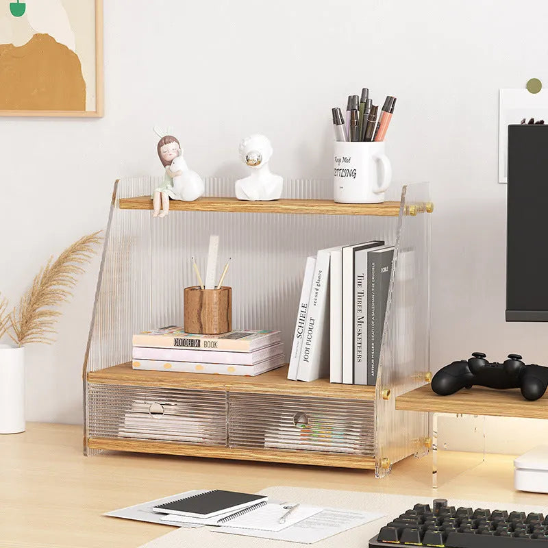 Office acrylic desk storage cabinet in wood colour with transparent acrylic shelves on a white desk