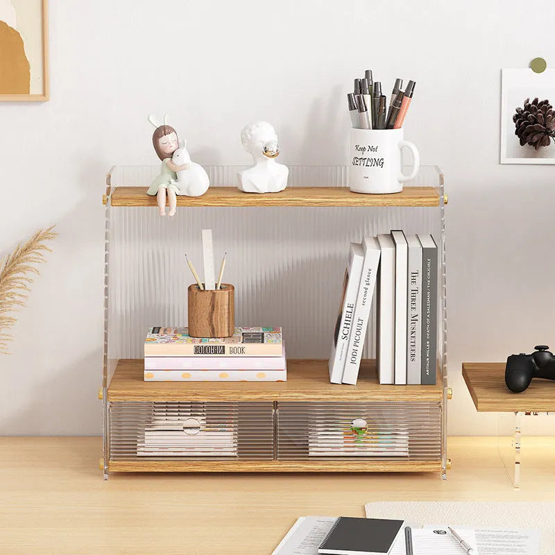 Office acrylic desk storage cabinet in wood colour with transparent acrylic shelves on a white desk