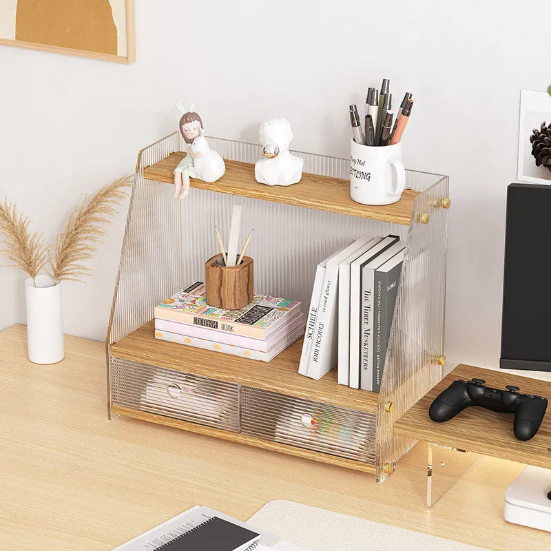 Office acrylic desk storage cabinet in wood colour with transparent acrylic shelves on a white desk