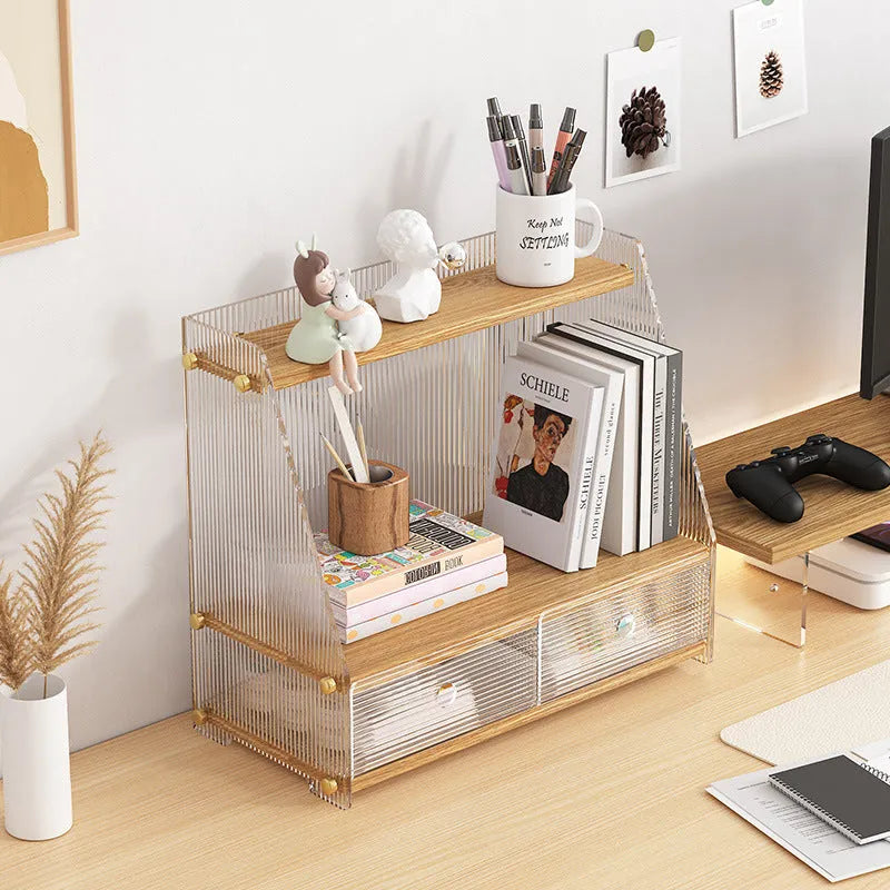 Office acrylic desk storage cabinet in wood colour with transparent acrylic shelves on a white desk
