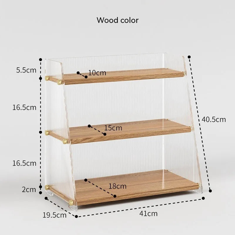 Office acrylic desk storage cabinet in wood colour with transparent acrylic shelves on a white desk