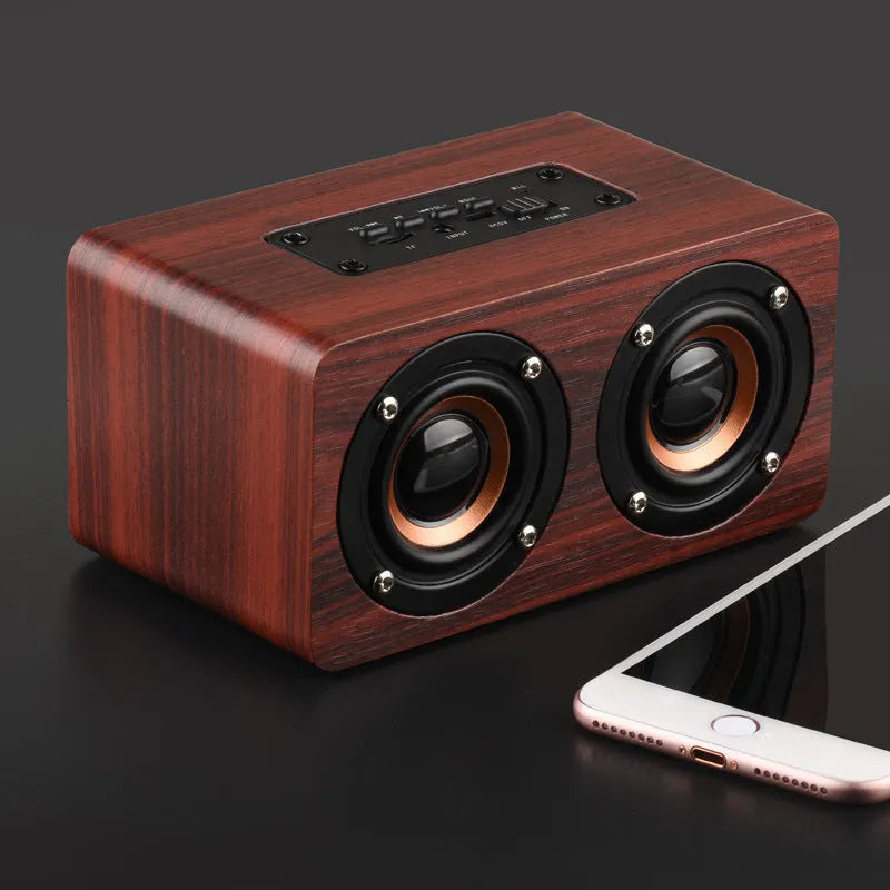 Wireless Bluetooth Speaker W5 with wood shell in redwood or yellow wood grain, USB and card playback, 6 hour battery
