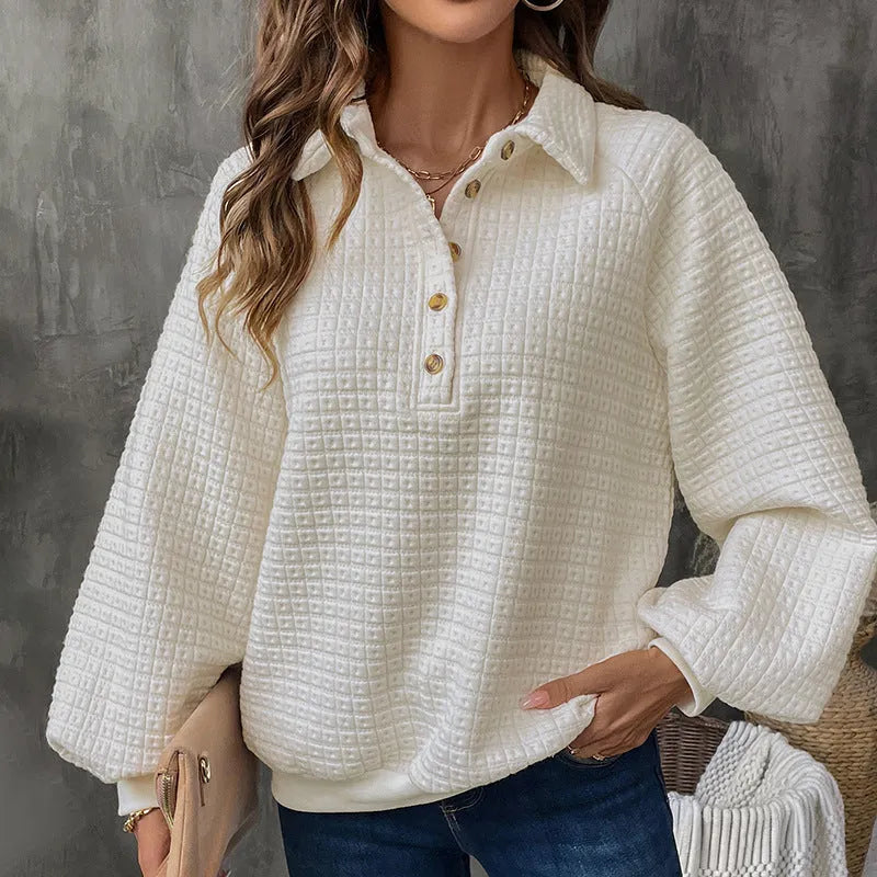 Milky white women's sweater with a textured polo collar and long sleeves