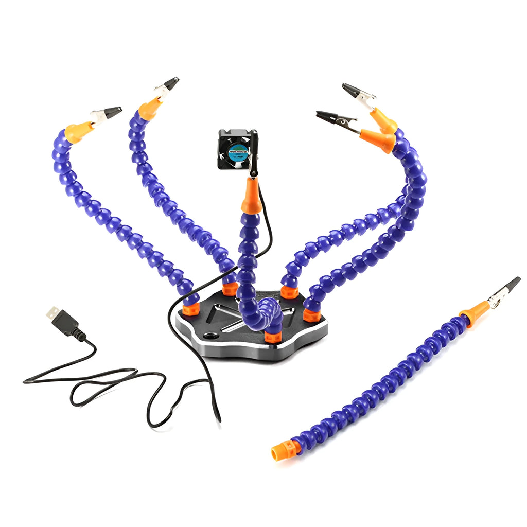 Six jaw aluminium alloy welding station with seven arms on a non-slip base, shown in black and purple colour options.