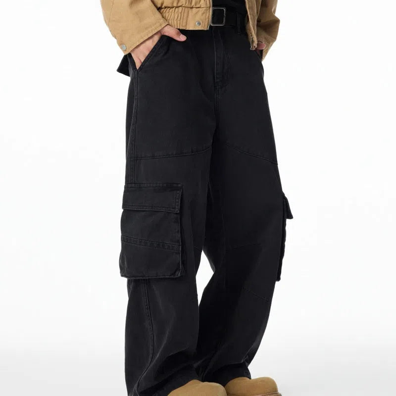 Loose straight-leg cotton cargo pants with multi-pocket design, zip fly, Charcoal Gray or Khaki, sizes S to 2XL