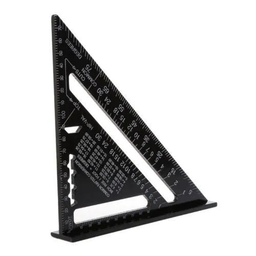 Black aluminium triangle ruler square showing 90-degree and 45-degree angles with measurement markings