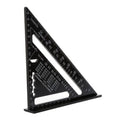 Black aluminium triangle ruler square showing 90-degree and 45-degree angles with measurement markings