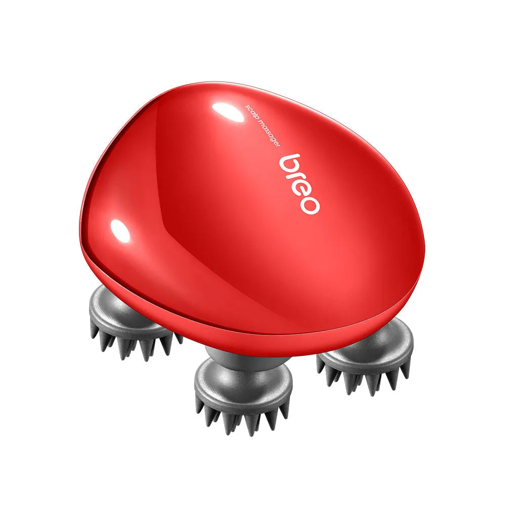 Red electric scalp massager with dimensions 110x120x82mm for relieving head tension