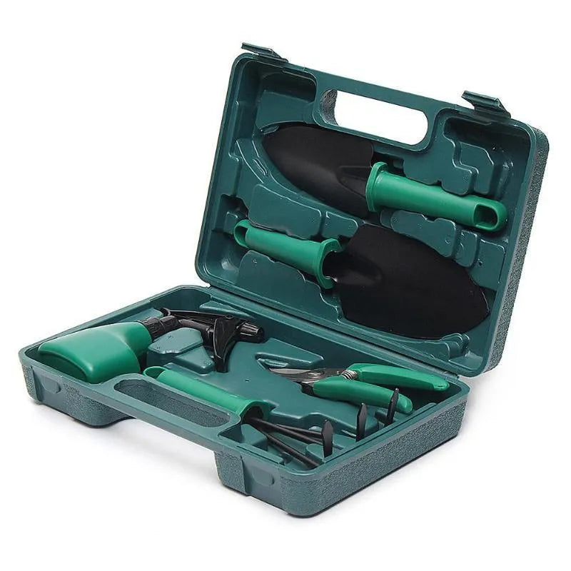 Green camouflage garden tool set in plastic case with stainless steel shovel, rake, scissors, and kettle