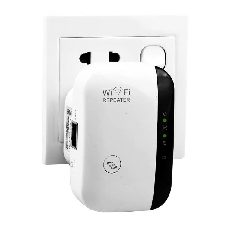 White and black 300Mbps WiFi repeater with integrated antennas and UK plug for wireless signal extension