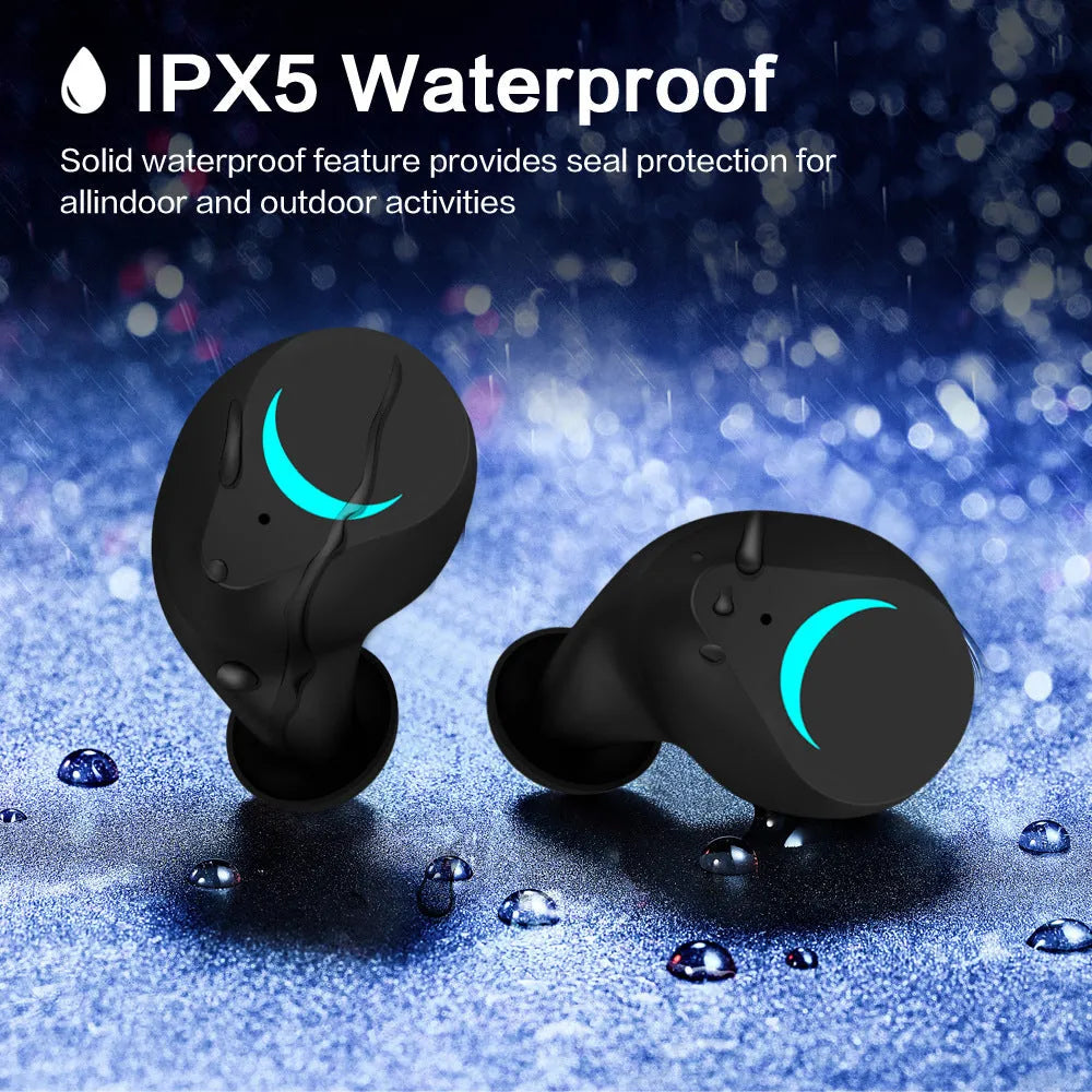 Black TWS Bluetooth earbuds with earplug-style design on a white background.