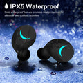 Black TWS Bluetooth earbuds with earplug-style design on a white background.