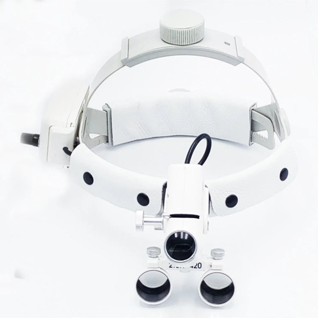 Head-mounted medical magnifying lens with LED spotlight, 2.5x magnification, plastic plexiglass lens, adjustable spot size, black or white