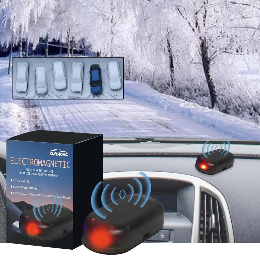 Black electronic car de-icer tool with glass plate for windscreen ice and snow removal
