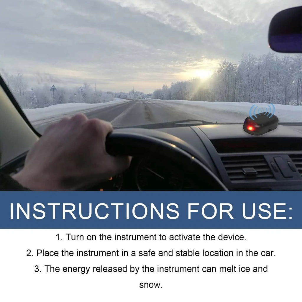 Black electronic car de-icer tool with glass plate for windscreen ice and snow removal