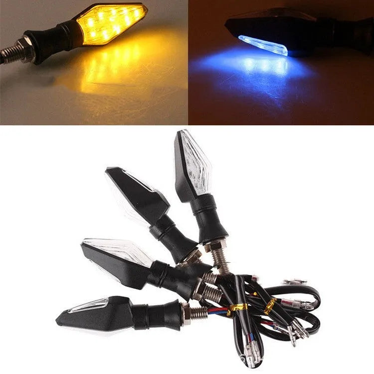 Motorcycle LED turn signal lights with double-sided luminous design in yellow and blue options