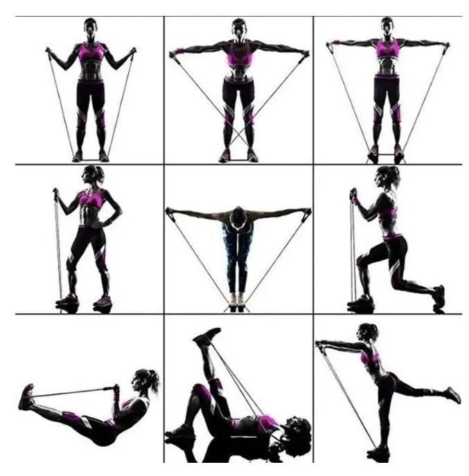 Resistance band set with latex tubes, handles, foot rings, door buckle, storage bag, and fitness atlas in colour-coded resistance levels