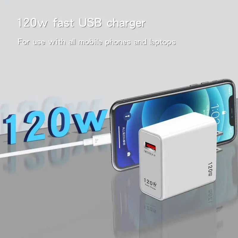 White 120W super fast USB charger and cable suit with QC5.0 support