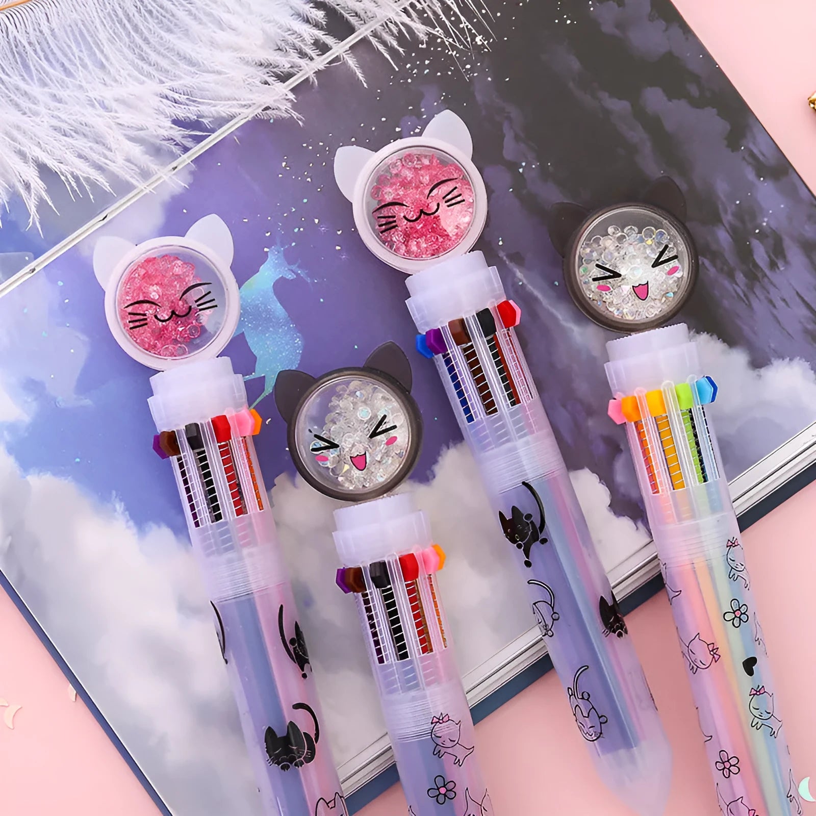 0.5mm automatic pencil with colourful cat design, length 15cm.