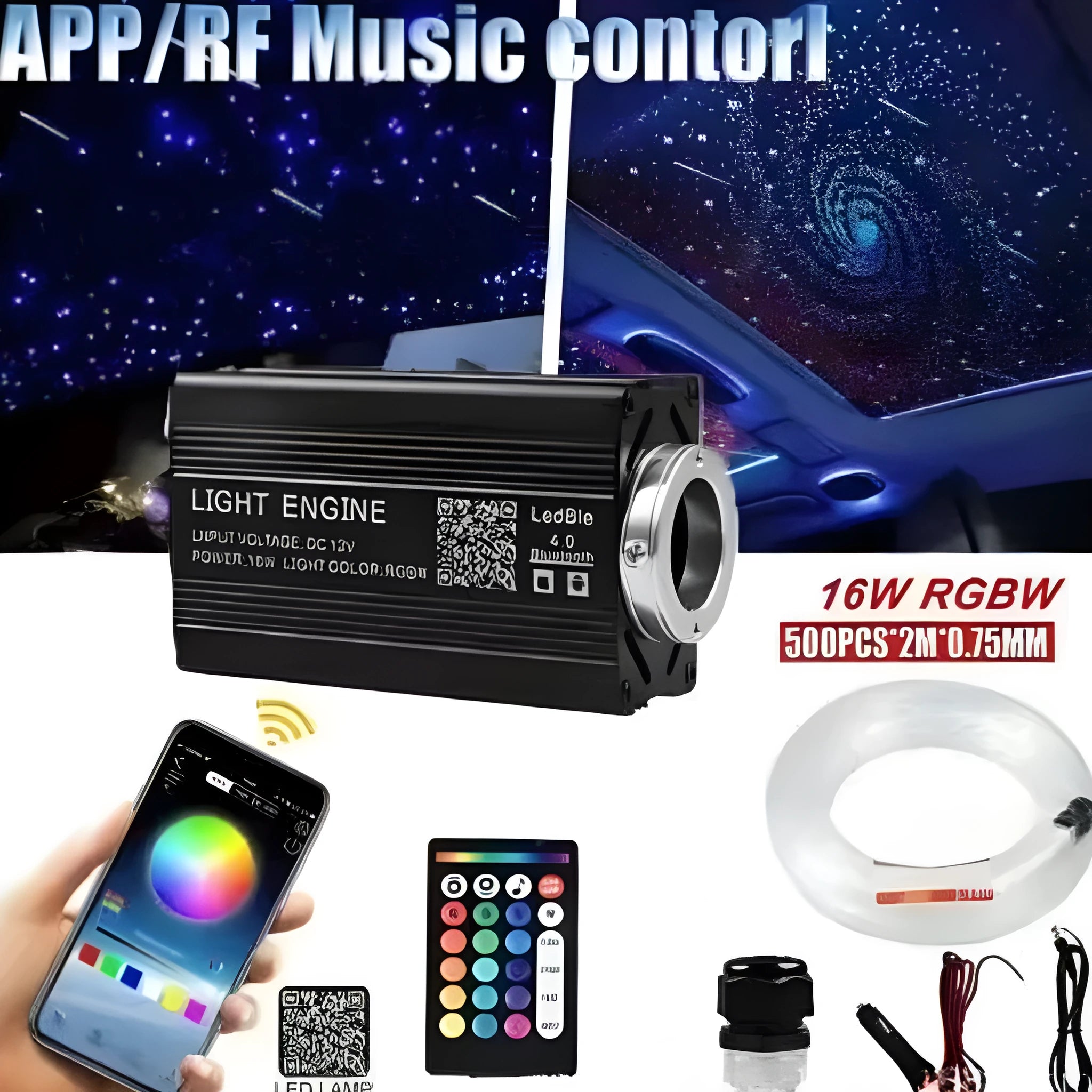 Car LED light source machine with fibre optic cable set remote control and cigarette lighter plug universal 12V