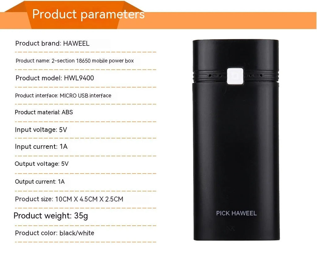 18650 battery power supply DIY power bank case black colour with spring loading and indicator light