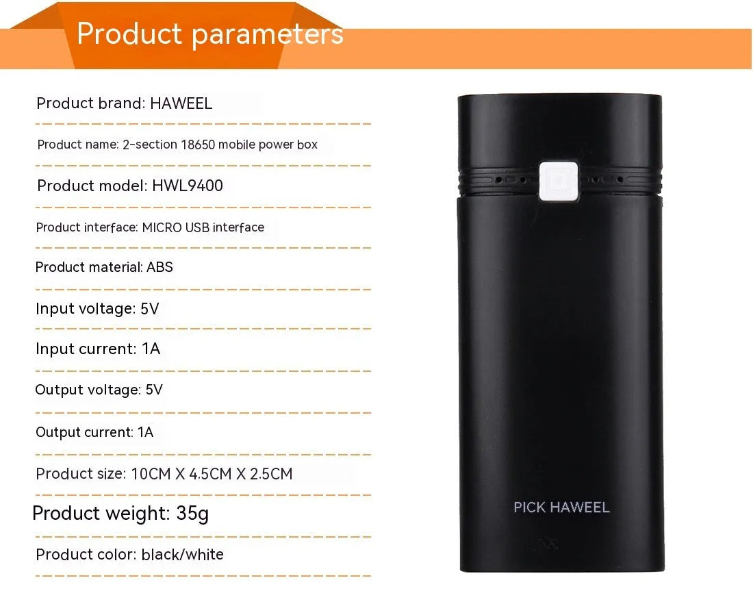 18650 battery power supply DIY power bank case black colour with spring loading and indicator light