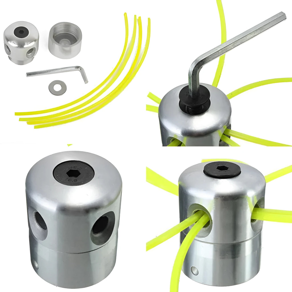 Silver aluminium grass trimmer head for lawn mower with four light yellow cutting lines