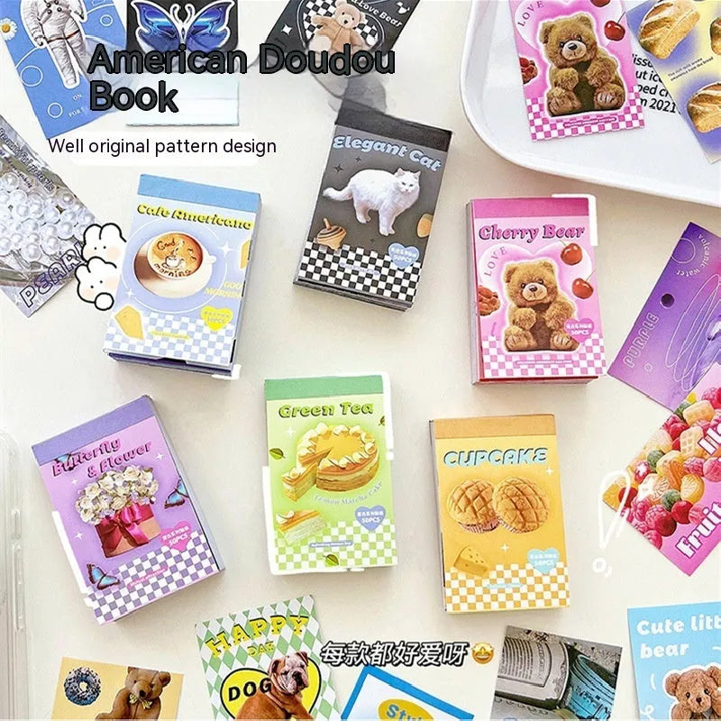 American retro cartoon style sticker book open to show 4x6cm sheets in one of six colour options.
