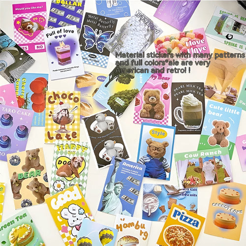 American retro cartoon style sticker book open to show 4x6cm sheets in one of six colour options.