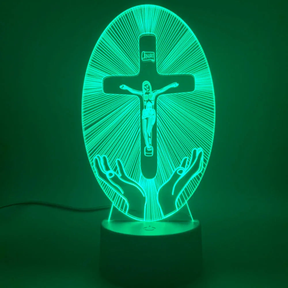 Cross acrylic 3D night light with LED, showing 200x150mm slim panel and colour glow