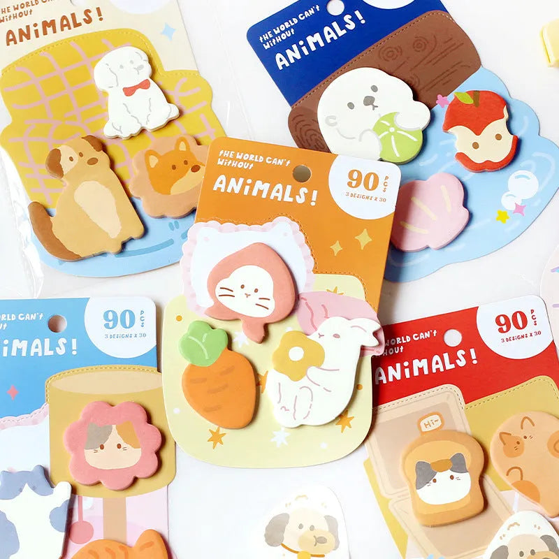 Small animal shaped sticky note set showing one of six colourful cover designs on a 90-page memo pad.